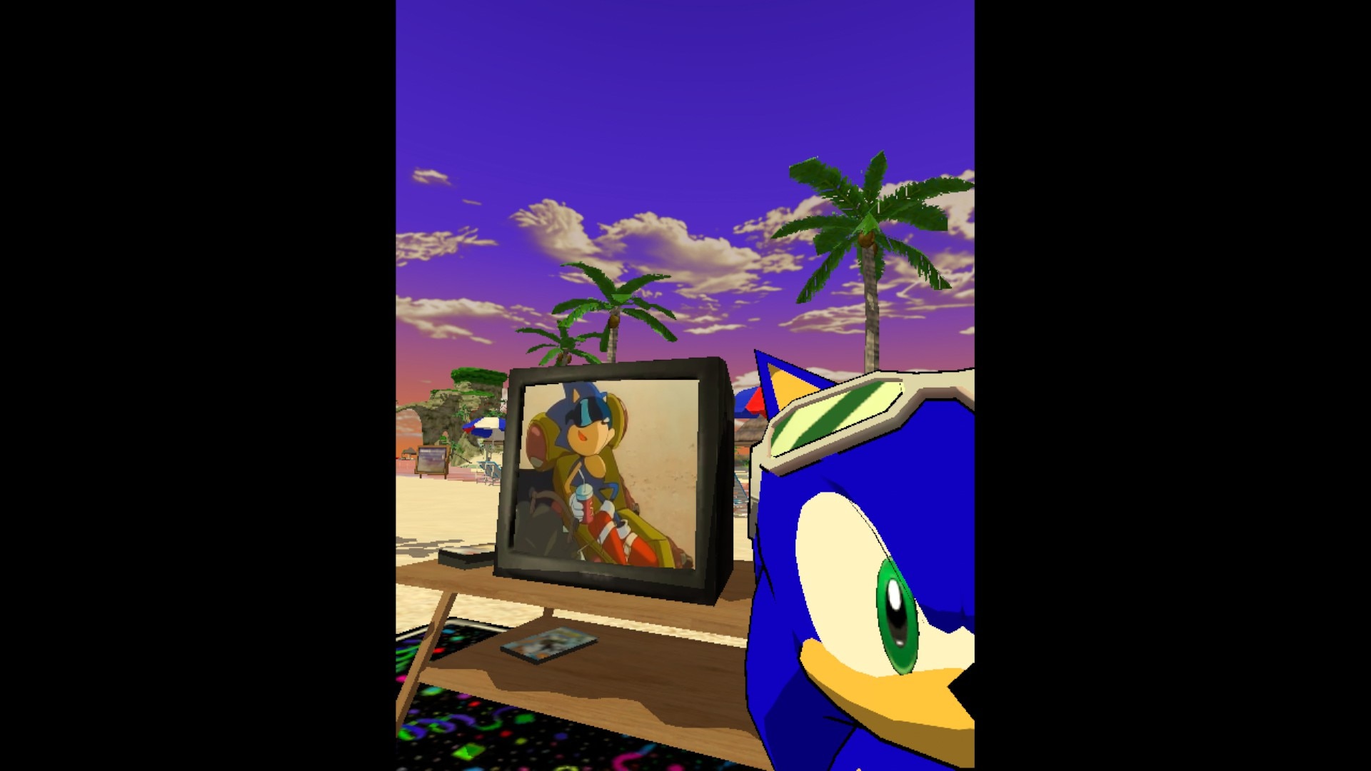 A selfie taken in Bomb Rush Cyberfunk by a goggles-wearing Sonic the Hedgehog where Emerald Coast and a CRT television playing the Sonic OVA can be seen in the background