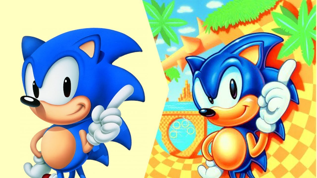 The thumbnail for Sonic Youtuber Cybershell's "Japanese vs. American Sonic" video. On the left is the Japanese Sonic design drawn by Naoto Oshima. On the right is the American Sonic design drawn by Greg Martin.